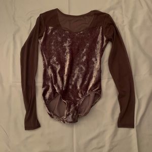 Purple velvet and mesh long sleeve ballet leotard